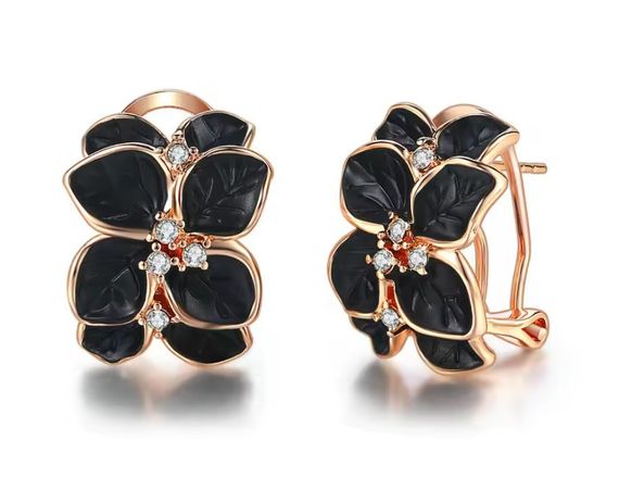 Серьги Primo Glory в форме цветов с чёрными лепестками и кристаллами – Gold&Black