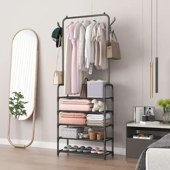 Вішалка для одягу з полицями для взуття Clothes Rack Up / Металева підлогова стійка 170×60×26 см | Зображення 1