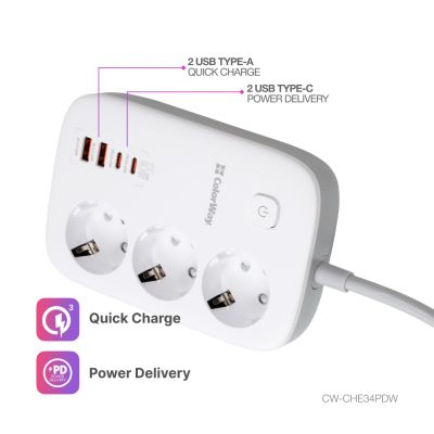 Сетевой фильтр питания ColorWay CW-CHE34PDW 3 розетки/4USB (CW-CHE34PDW) | Зображення 1