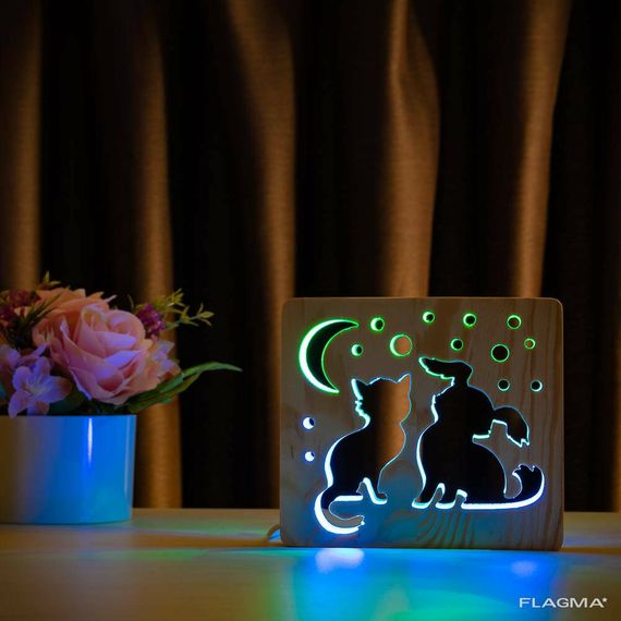 Светильник ночник ArtEco Light из дерева LED "Кот и собачка" с пультом и регулировкой... | Зображення 4