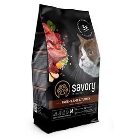 Сухий корм Savory для дорослих котів із чутливим стравоходом, ягня та індичка 400г