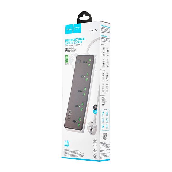 Мережевий фільтр HOCO AC13A на 5 розеток + 3 USB + USB-C, 17W, кабель 1, 5 м | Зображення 1