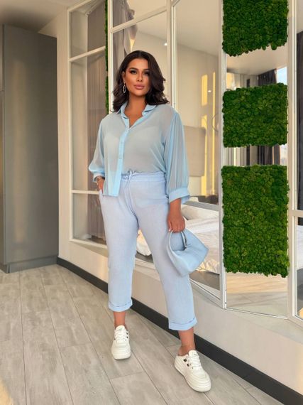 Женские льняные укороченные штаны с подворотом FZ905 цвет голубой размер 50/52 | Зображення 4