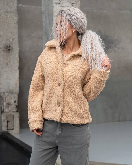 Женская короткая куртка мех Тедди, MN0002  цвет бежевый  размер М