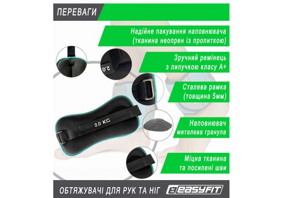 Обтяжувачі EasyFit 2 х 2 кг для ніг та рук Чорні з блакитним (EF-1020-BE) | Зображення 4