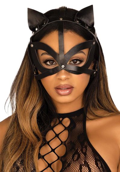 Маска кошки из экокожи Leg Avenue Vegan leather studded cat mask Black sexstyle