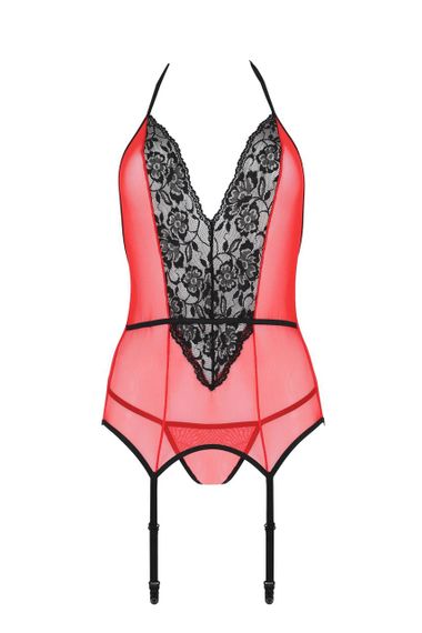 Корсет з пажами для панчіх Passion PEONIA CORSET S/M red, стрінги | Зображення 2