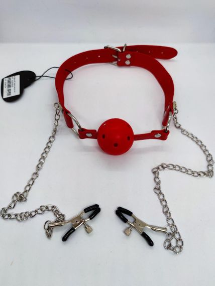 Кляп DS Fetish Ball gag with nipple clamps red sexstyle | Зображення 1