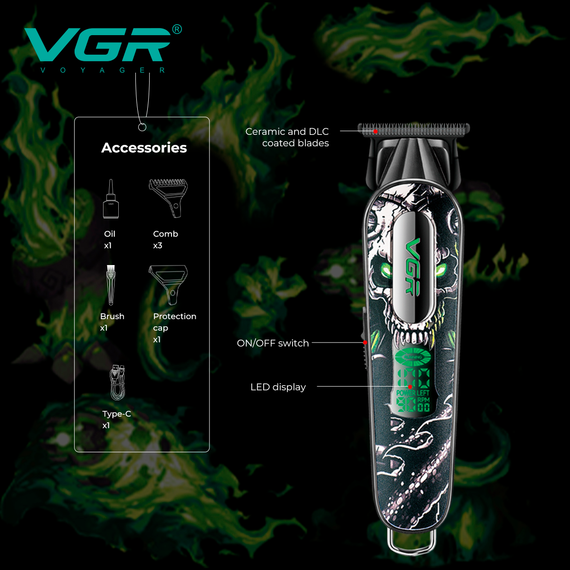 Триммер аккумуляторный для стрижки VGR V-260 GREEN, 3 насадки, 2000mAh, 9000 RPM, LED дисплей | Зображення 1