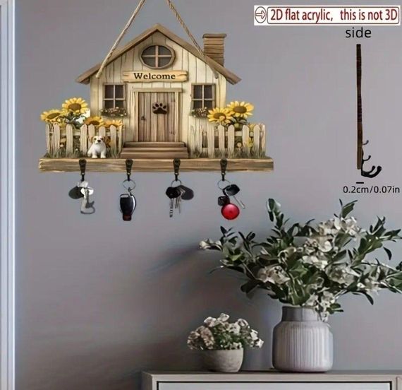 Ключница настенная в форме деревянной виллы, 2D дизайн, 4 металлически  крючка  20*25 | Зображення 1