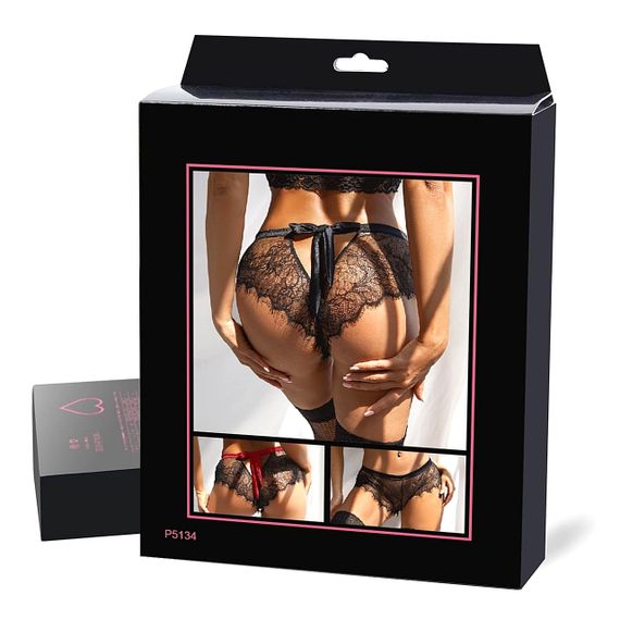 Мереживні трусики StarNight з вирізом ззаду та атласним бантом, чорні, XS-S sexstyle | Зображення 4