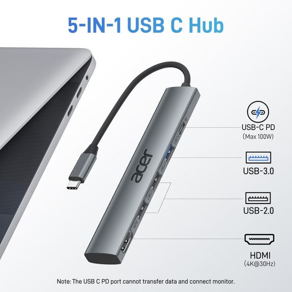 Концентратор Acer 5-в-1 USB-C — багатопортовий адаптер із 4K HDMI, потужністю 100 Вт і 3 портами USB-A | Зображення 2