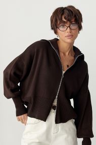 Трикотажний вільний кардиган на блискавці - темно-коричневий цвет, ONE SIZE (є розміри)