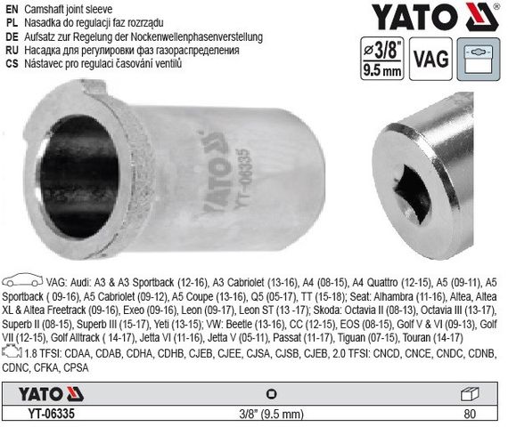 Насадка для регулювання фаз розподільчого валу YATO Польща авто VAG квадрат 3/8" YT-06335 | Зображення 1
