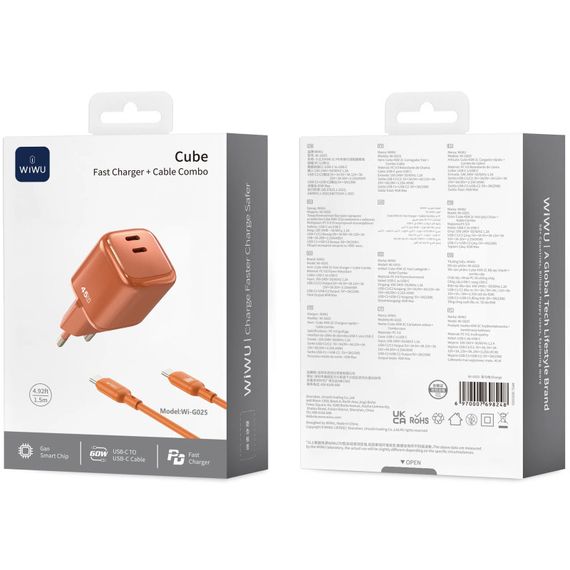 СЗУ WIWU G025 Cube PD45W (2USB-C) + кабель Type-C to Type-C Orange | Зображення 1