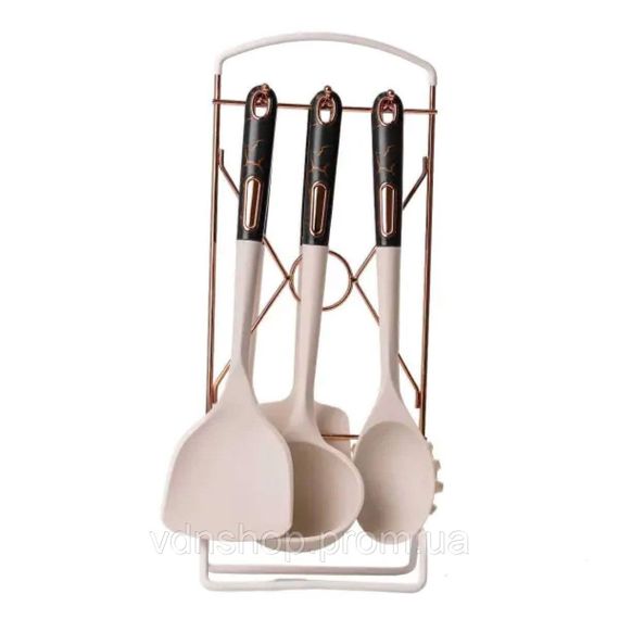 Набір кухонного приладдя на підставці 6 штук кухонні аксесуари Бежевий із чорною ручкою YRUR4 | Зображення 1