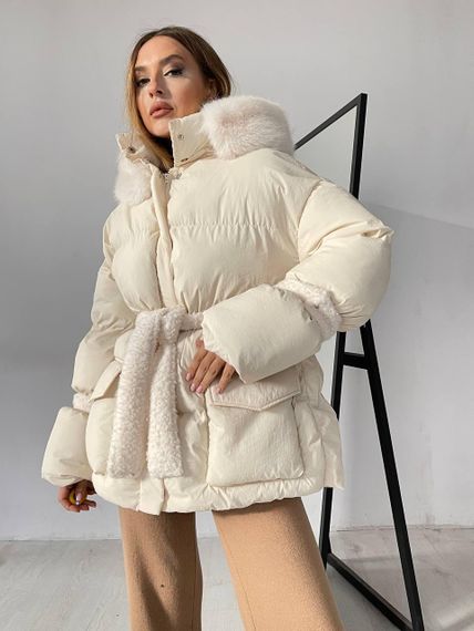 Пуховик с опушкой и капюшоном Cresh Puffer, молочный XL | Зображення 3