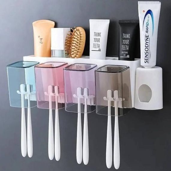 Тримач настінний для зубних щіток та зубної пасти + 4 склянки