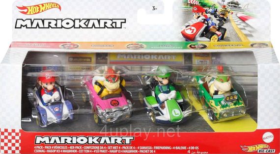 Hot Wheels Mario Kart Characters and Karts Хот Вілс набір 4 машинки Маріо Карт: Маріо, Луїджі, Боузер
