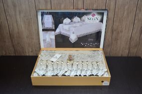 Льняная скатерть с ранером Selin Esra Set 160×300 см +12 салфеток Бежевый