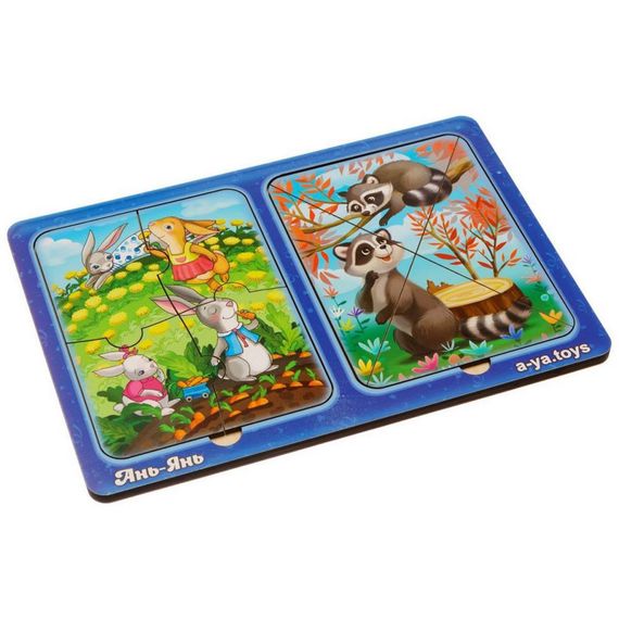 Дерев'яний пазл-вкладиш "Зайчики та єнотики" Ubumblebees (ПСД182) PSD182 в рамці | Зображення 2