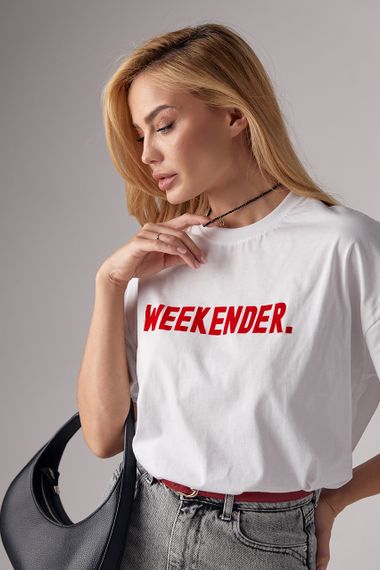 Трикотажная футболка с надписью Weekender - белый с красным цвет, S (есть размеры) | Зображення 4