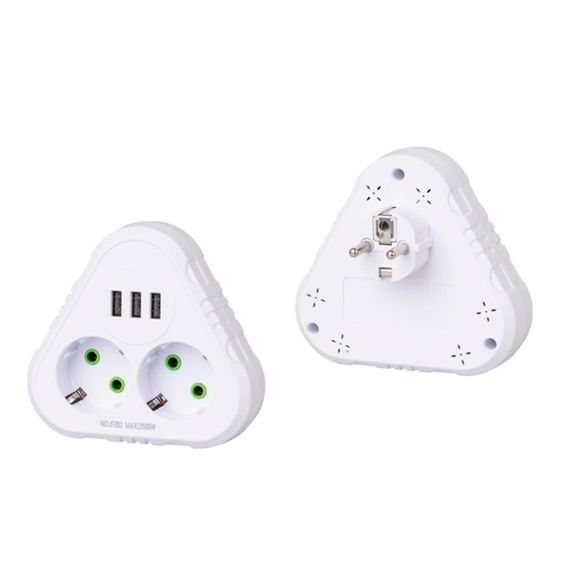 Розетка трійник із заземленням F202-White, 2 розетки+3USB(1А), 2500W, 10A | Зображення 1