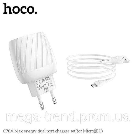 Адаптер мережевий Hoco Micro USB Cable Max energy C78A |2USB, 2.4A| | Зображення 5