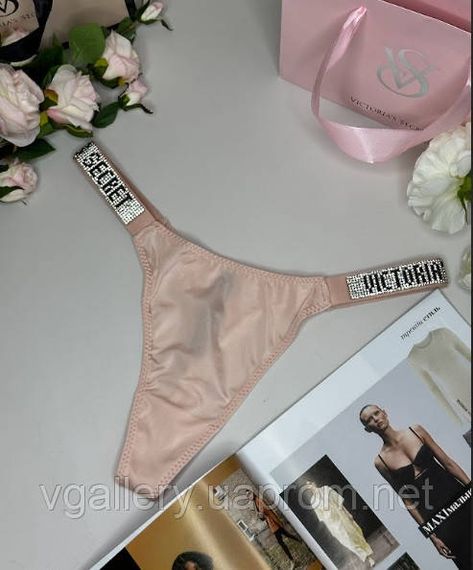 Комплект женского белья Victoria’s Secret ТОП + СТРИНГИ со стразами, Виктория Сикрет со стрингами Бежево-персиковый, 75C | Зображення 1