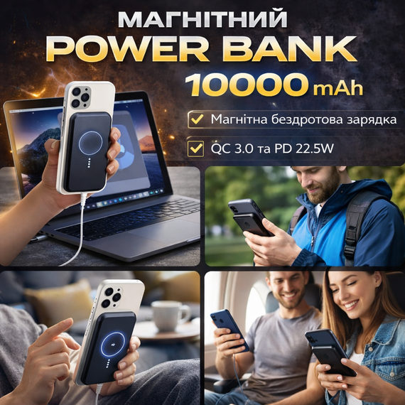 Power Bank King Power WPG-104 Magnetic 10000 mAh з бездротовим заряджанням MagSafe і швидким заряджанням QC 3.0/PD 22.5W | Зображення 2