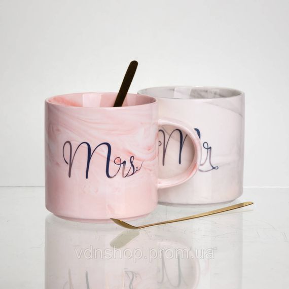 Набор парных фарфоровых чашек Mr&Mis 2 (шт) по 400 (мл) чашки на подарок с ложкой FM-28 | Зображення 4