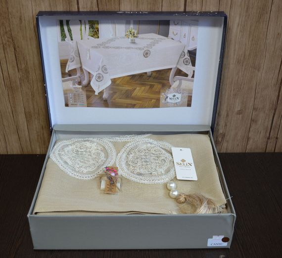 Льняная скатерть Selin Cansu 160×300 Бежевая | Зображення 1