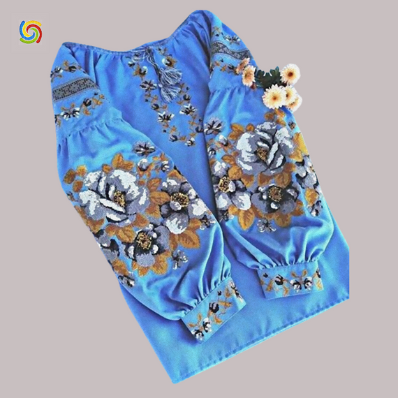 Рубашка Украинская вышиванка  31799 цвет голубой размер L/XL