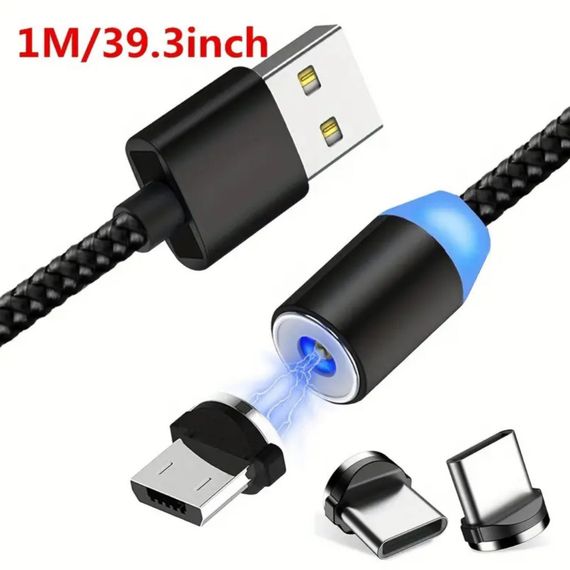 Магнітний кабель 1метр для заряджання телефонів та інших ґаджетів 3 в 1, багатофункціональний 5 А, швидке заряджання, 1 контактний | Зображення 1