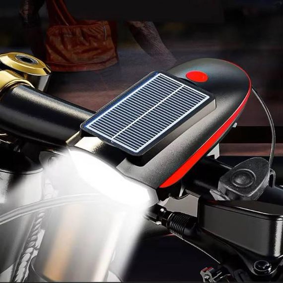 Велофара аккумуляторная с солнечной батареей и сигналом 7599 Черная