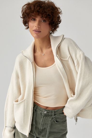 В'язаний кардиган на блискавці з кишенями - молочний цвет, ONE SIZE (є розміри) | Зображення 4