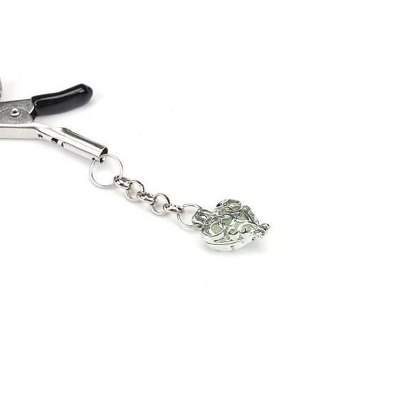 Затискачі для сосків із сердечком Liebe Seele Glow-in-dark Nipple Clamps Green, світяться в темряві | Зображення 1