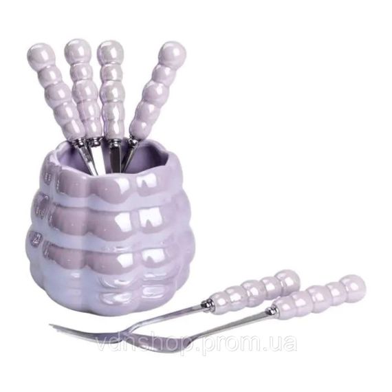 Набор десертных вилок и ложек на 3 персоны с подставкой из фарфора 7 предметов Фиолетовый HP-20-59 | Зображення 1