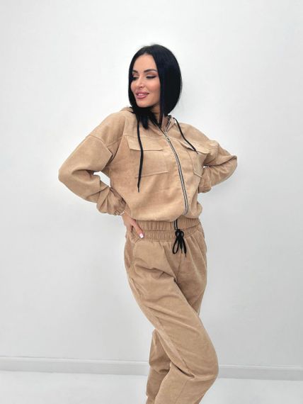Женский спортивный вельветовый костюм демисезонный на молнии GF07953 цвет бежевый, размер 42/44 | Зображення 3