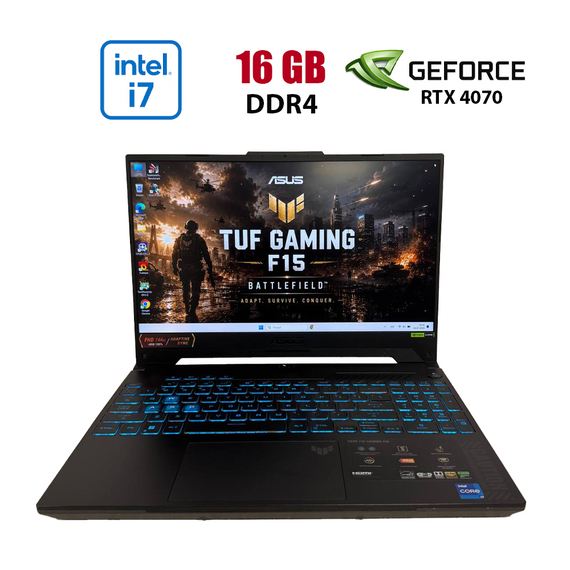 Ігровий ноутбук Б-клас Asus TUF Gaming F15 FX507ZI / 15.6" (1920x1080) IPS / Intel Core i7-12700H (14 (20) ядер по 3.5 - 4.7 GHz) / 16 GB DDR4 / 512 GB SSD NVMe / nVidia GeForce RTX 4070, 8 GB GDDR6, 128-bit / WebCam б/в
