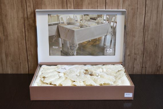 Льняная скатерть с ранером Selin Selin Duygu Set 160×220+12 салфеток Кремовая | Зображення 1