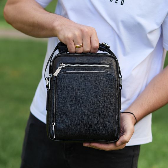 Чоловіча сумка-барсетка через плече шкіряна чорна з ручкою Tiding Bag M61693 | Зображення 8