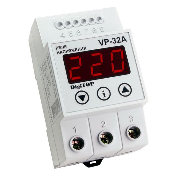 Захисне реле напруги однофазне VP-32A на DIN-рейку, 32А, 7000Вт, 120-270В, тримодульне з індикатором напруги (червоний)
