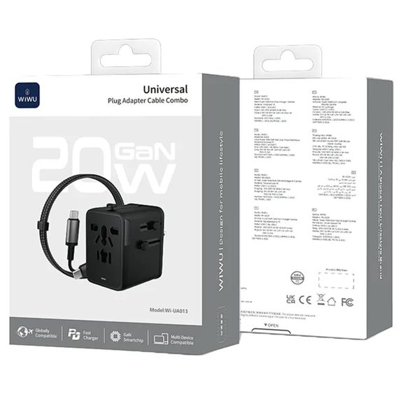 Мережевий універсальний перехідник WIWU UA013 20W GaN + 1USB-A/2C with retractable cable Type-C Black | Зображення 4