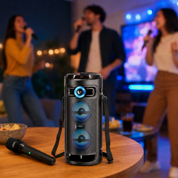 Колонка KTS-2432 Bluetooth / Караоке-система з двома динаміками та бездротовим мікрофоном / Портативна акустика з LED підсвічуванням | Зображення 2