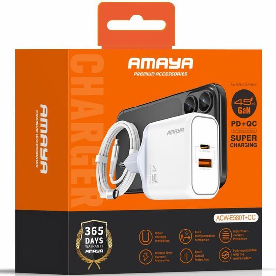 МЗП Amaya E580T PD45W+QC3.0 GaN (1USB-A/1C) + кабель Type-C to Type-C White | Зображення 1