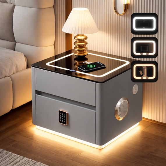 Умная прикроватная тумба QYJXF02 со встроенным кодовым сейфом, Bluetooth-колонкой и USB, сенсорная подсветка, экокожа, серая | Зображення 1