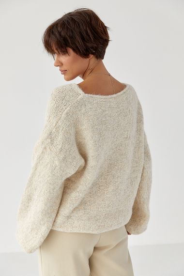 В’язаний жіночий джемпер з рукавами-ліхтариками - бежевий цвет, ONE SIZE (є розміри) | Зображення 1