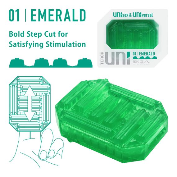 Унисекс-стимулятор Tenga UNI Emerald, зеленый, с геометрическим рельефом, лубрикант в комплекте | Зображення 1