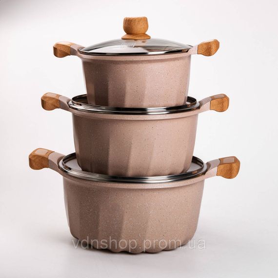 Набір із трьох каструль та сковорідок з кришками 24, 28, 32 см, товсте алюмінієве дно MGC HP-4-402 | Зображення 4